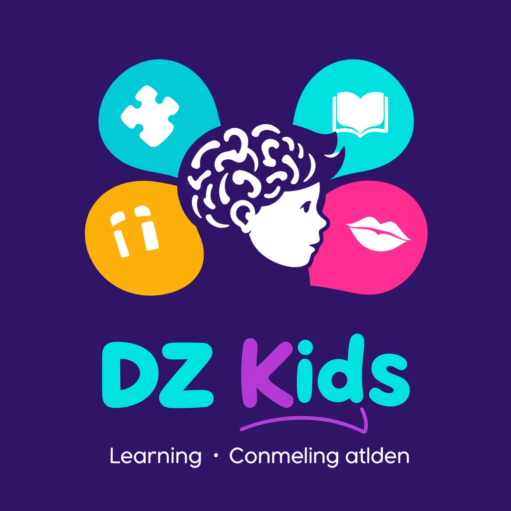 Main logo studio: Create a professional logo for “DZ Kids” inspired by this style: a central child profile with a visible brain, surrounded by four colorful flowing sec