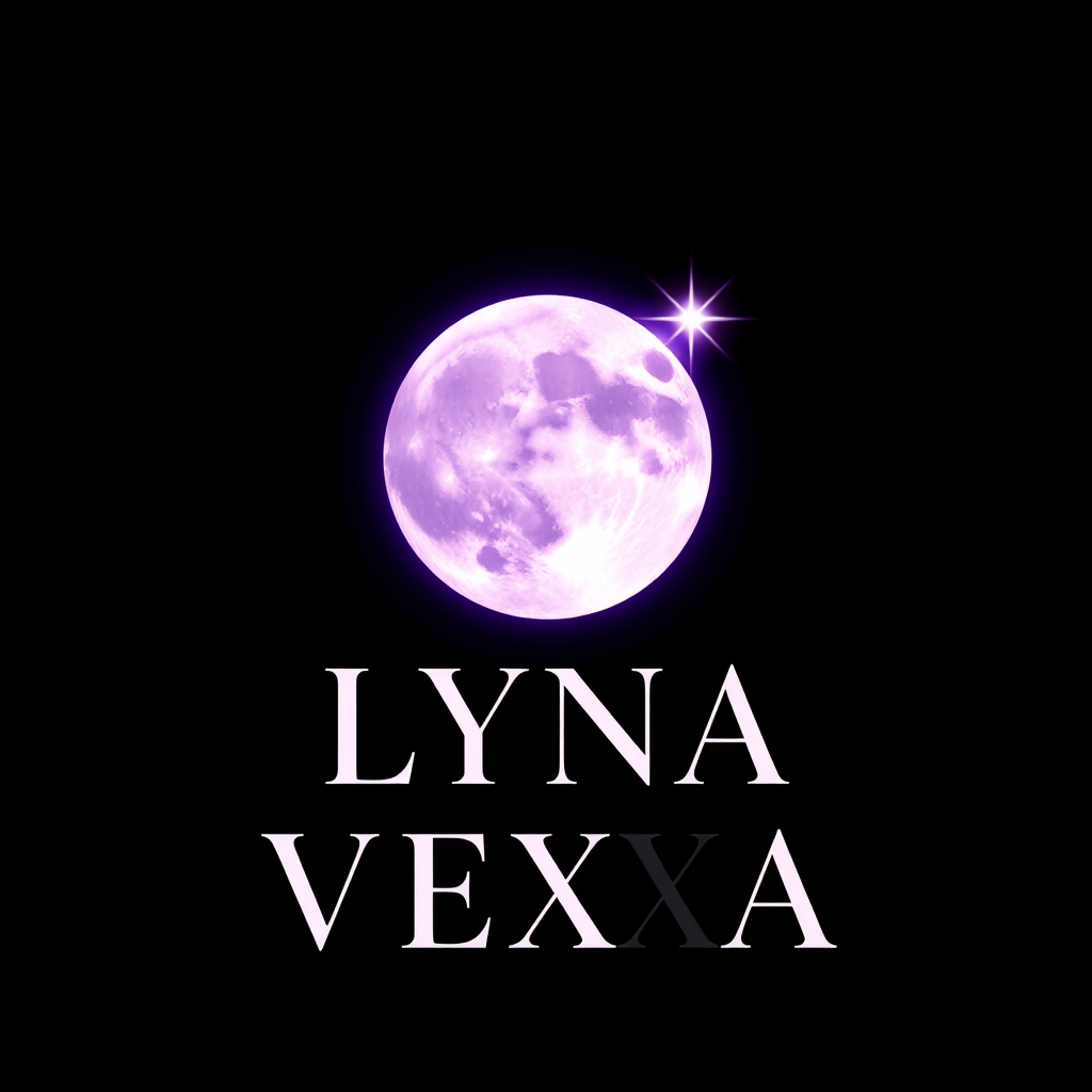 Main logo studio: LYNA VEXA — dark celestial logo, luminous full moon with a soft violet aura, one mysterious glowing star, elegant sharp typography, black background, 