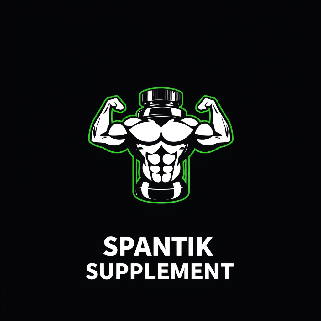 Main logo studio: The background should be black and phosphor green. In the middle of the image should be a sports supplement with two arms and two legs for bodybuildin