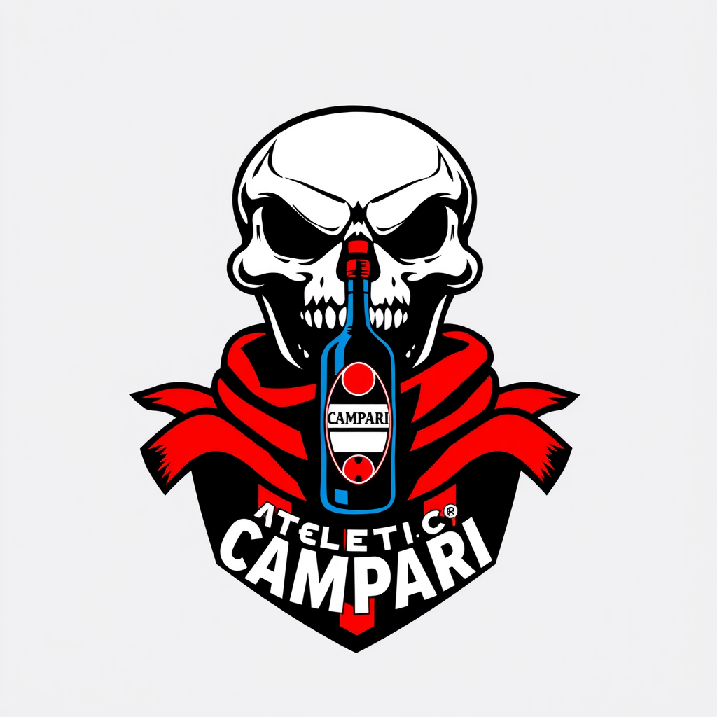 Main logo studio: Football team crest for “ATLETICO CAMPARI”, aggressive stylized skull wearing a football scarf, small Campari bottle integrated into the emblem, domin