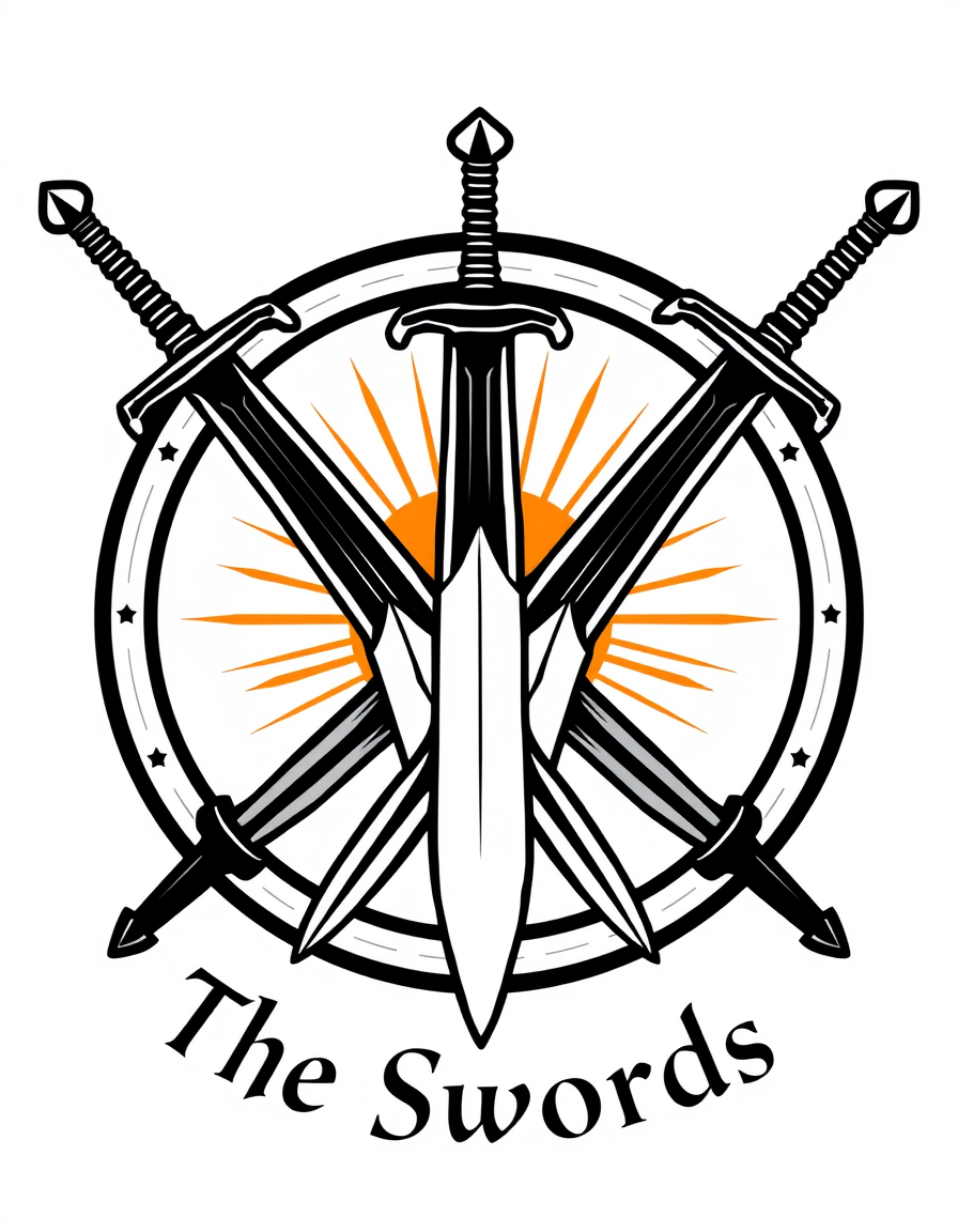 Emblem Logo idea: emblem logo of a guild emblem, The Dawn of Swords, 5 swords pointing down 2 swords pointing up, medieval, a sun in the background , intricate crest se