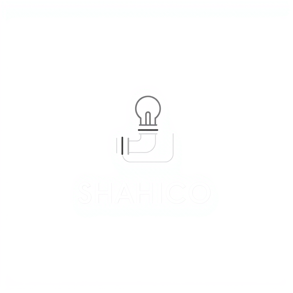 Main logo studio: Create a sophisticated minimalist logo for "SHAHICO". Transform only the first letters "SH" into a subtle industrial design using a few precise pipe s