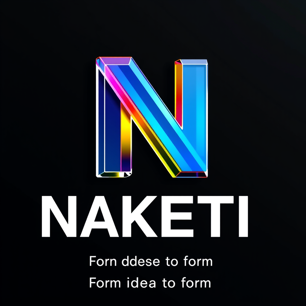 Main logo studio: A professional logo for an outdoor advertising factory named "NAKETI". The logo icon is a 3D volumetric letter "N" made of layered materials: glossy v