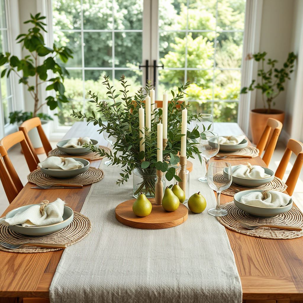 Main logo studio: Create a photorealistic, nature-inspired dining table setting with a fresh, peaceful, and inviting atmosphere. Use a calming palette of sage green, ol
