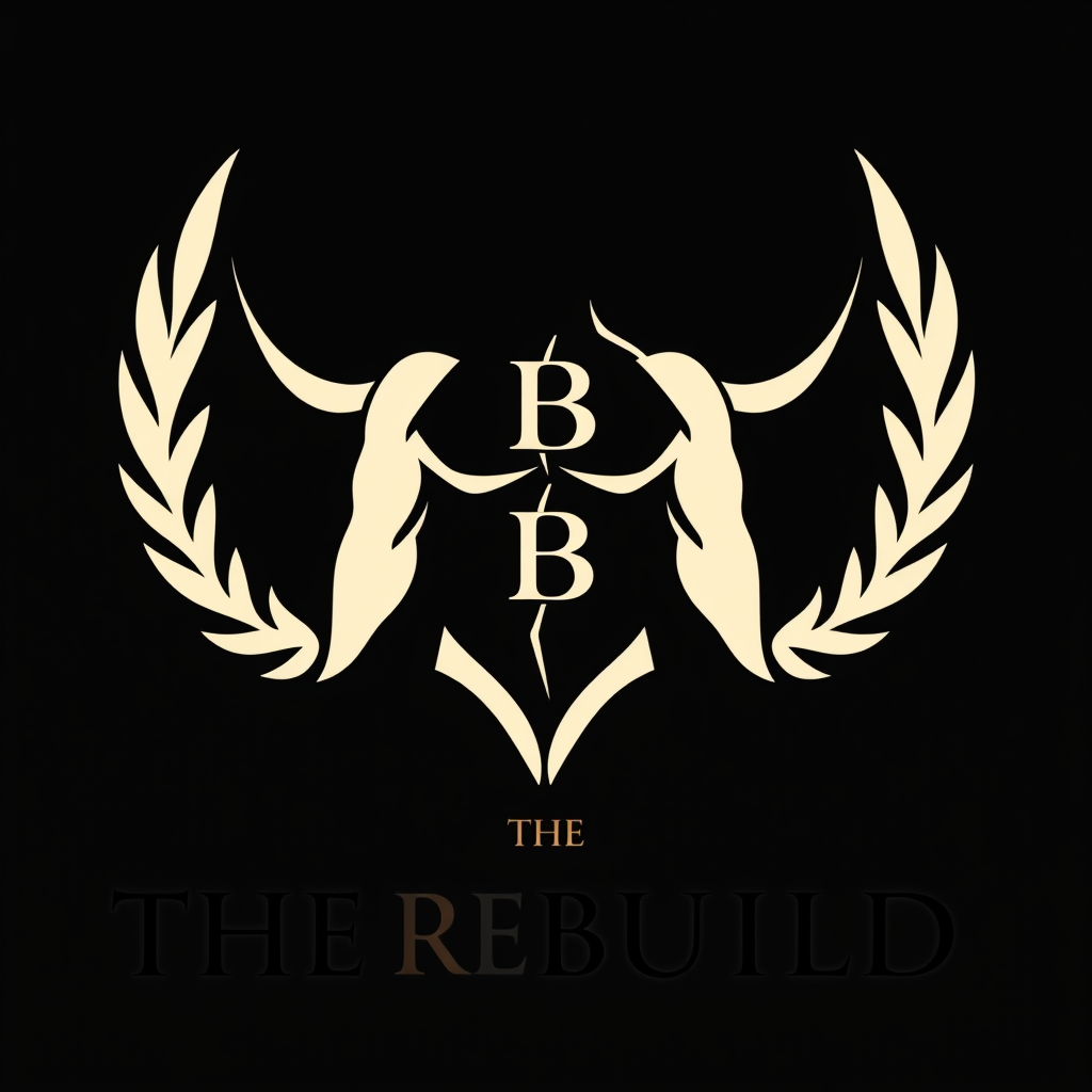 Main logo studio: Luxury logo for **THE REBUILD**. Create a minimal iconic emblem symbolizing a broken human form being rebuilt into a stronger, refined form. Subtly hi