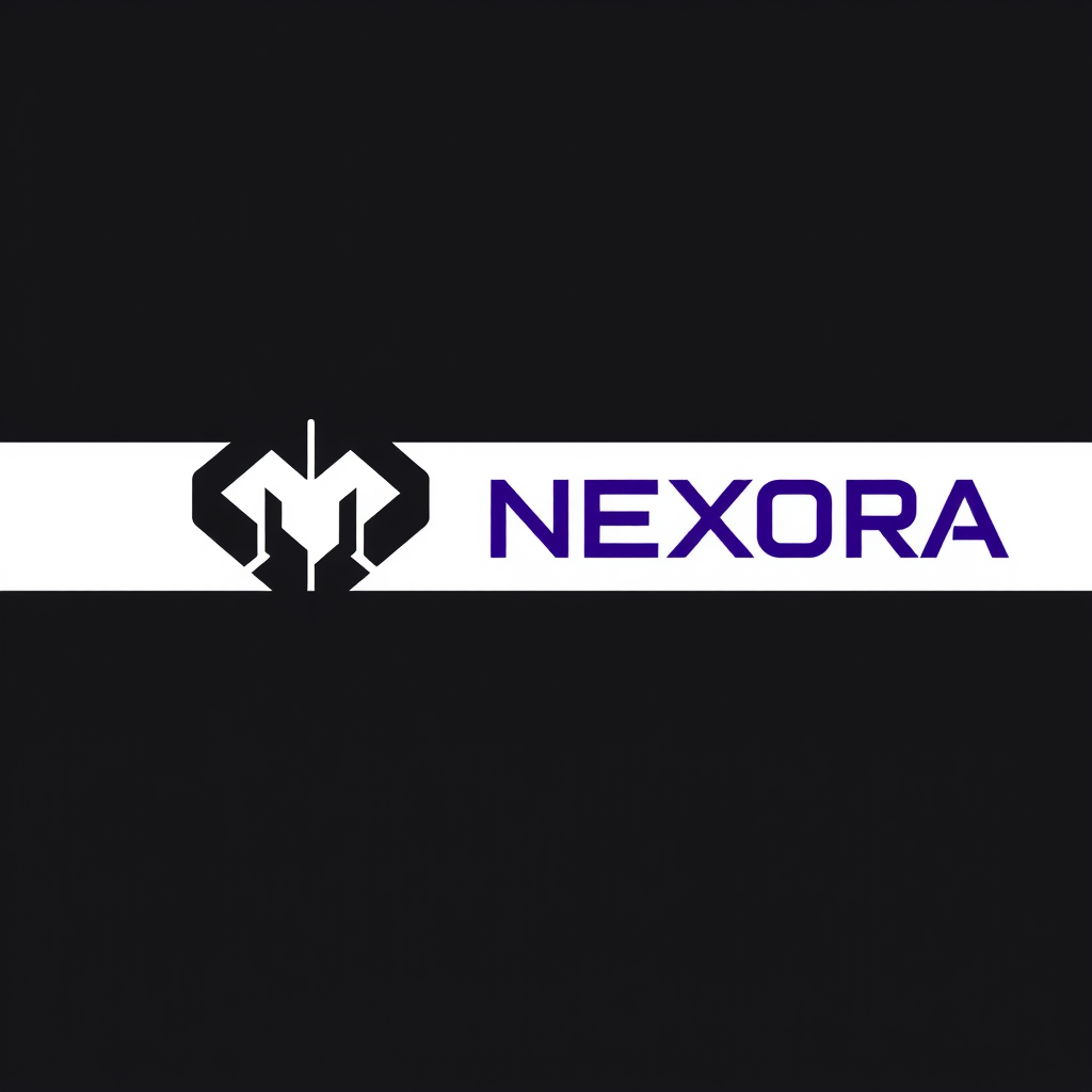 Main logo studio: Create a premium futuristic logo for a hardware store named "NEXORA". Make a unique geometric symbol by merging all six letters of NEXORA into one com
