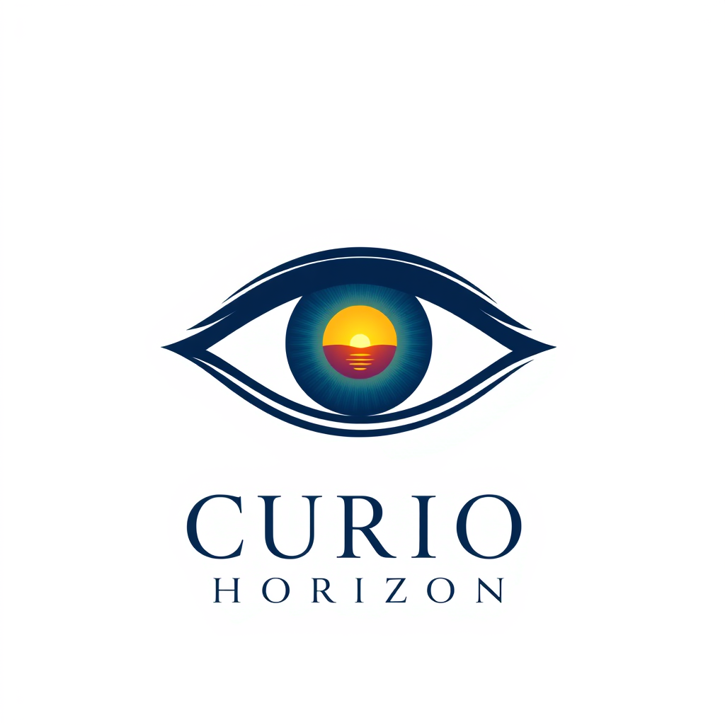 Main logo studio: Create a premium logo for “CURIO HORIZON”. Pure white background. One elegant eye in the center, symbolizing curiosity and discovery. Inside the iris,