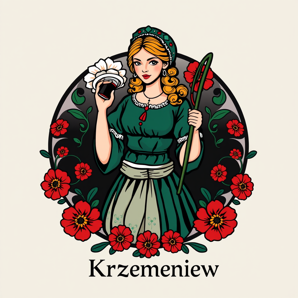 Main logo studio: Zaprojektuj wesołe i kolorowe logo „KGW Krzemieniew”, przedstawiające uśmiechniętą wiejskią kobietę w kolorowym stroju ludowm. Wokół niej kolorowe kwi