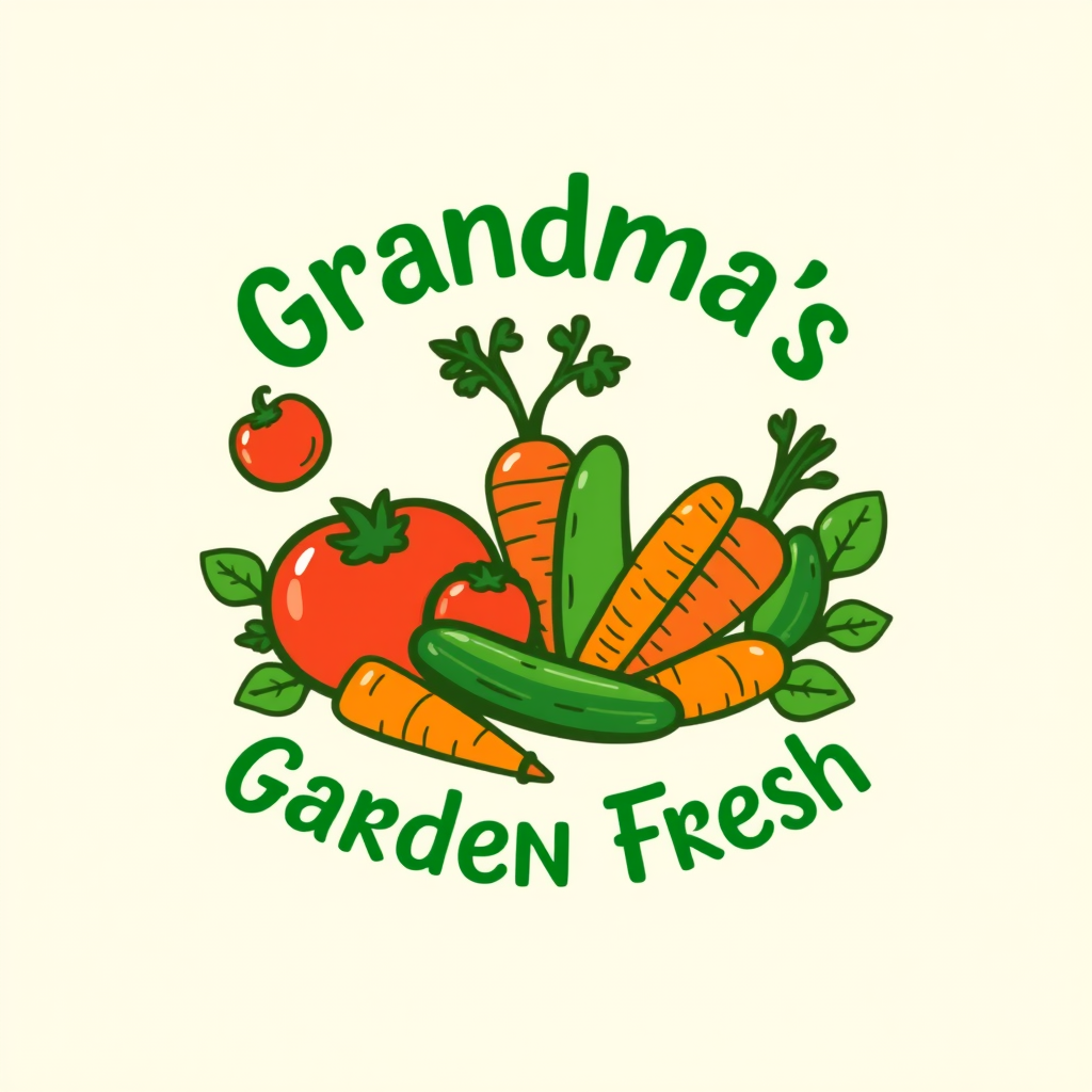 Main logo studio: A cute, colorful logo for Grandma’s Garden Fresh, a small neighborhood business selling fresh vegetables. Include tomatoes, carrots, cucumbers, and gr
