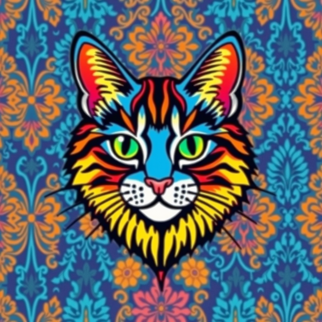 Main logo studio: Make a really cool and beautiful Indonesian batik version of the cat logo with a rainbow color combination.