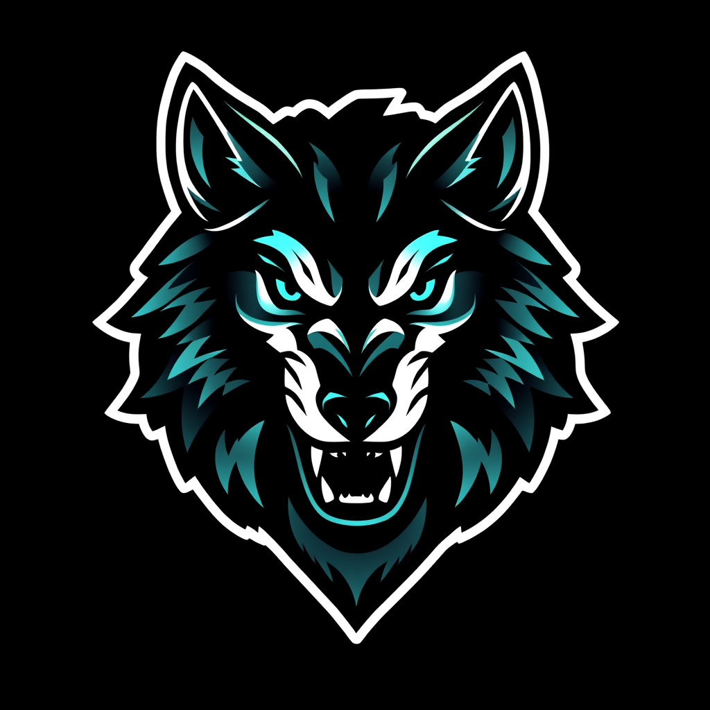 Main logo studio: bold esports team emblem logo, a roaring wolf head, black and neon teal