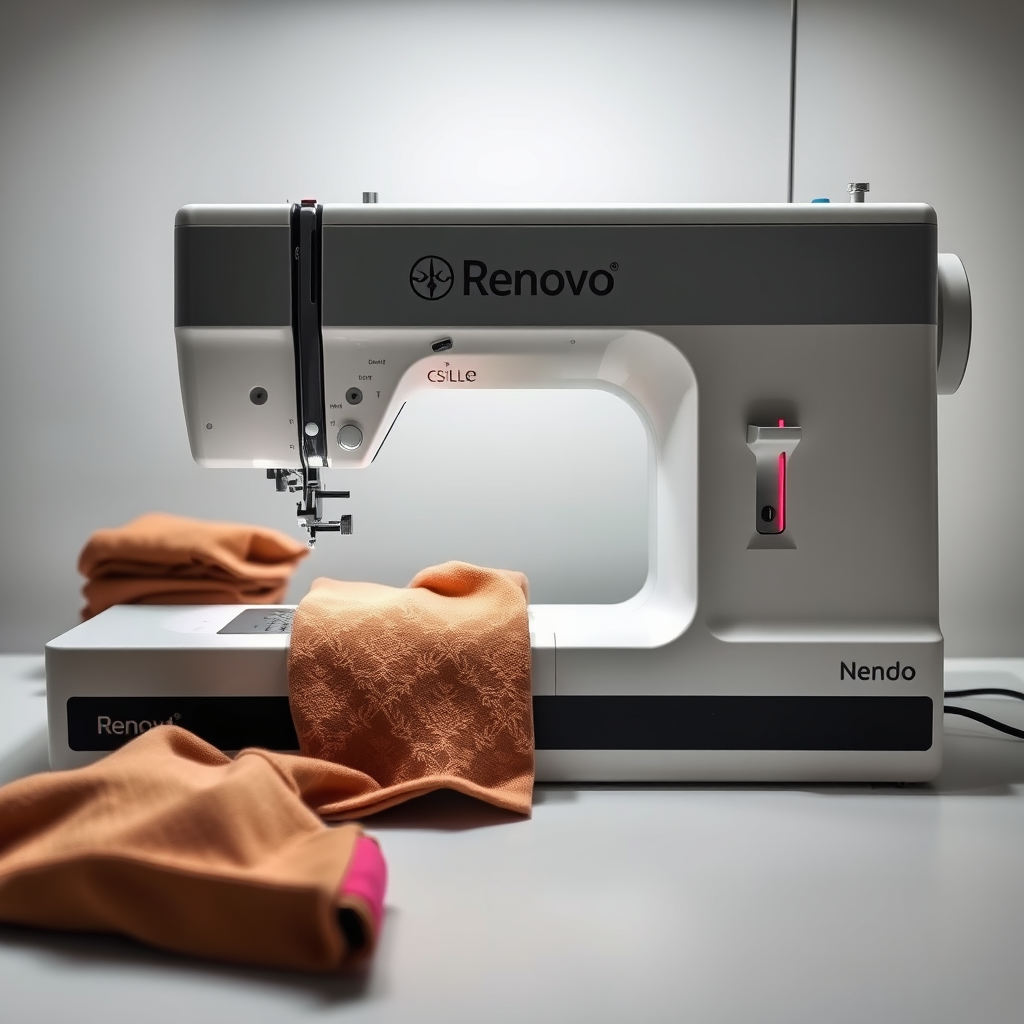 Main logo studio: Moderne Nähmaschine mit Aufschrift "Renovo" mit einem halbwegs ordentlichen Stapel Altkleider im Hintergrund und einem ordentlichen Stapel neu zusamme