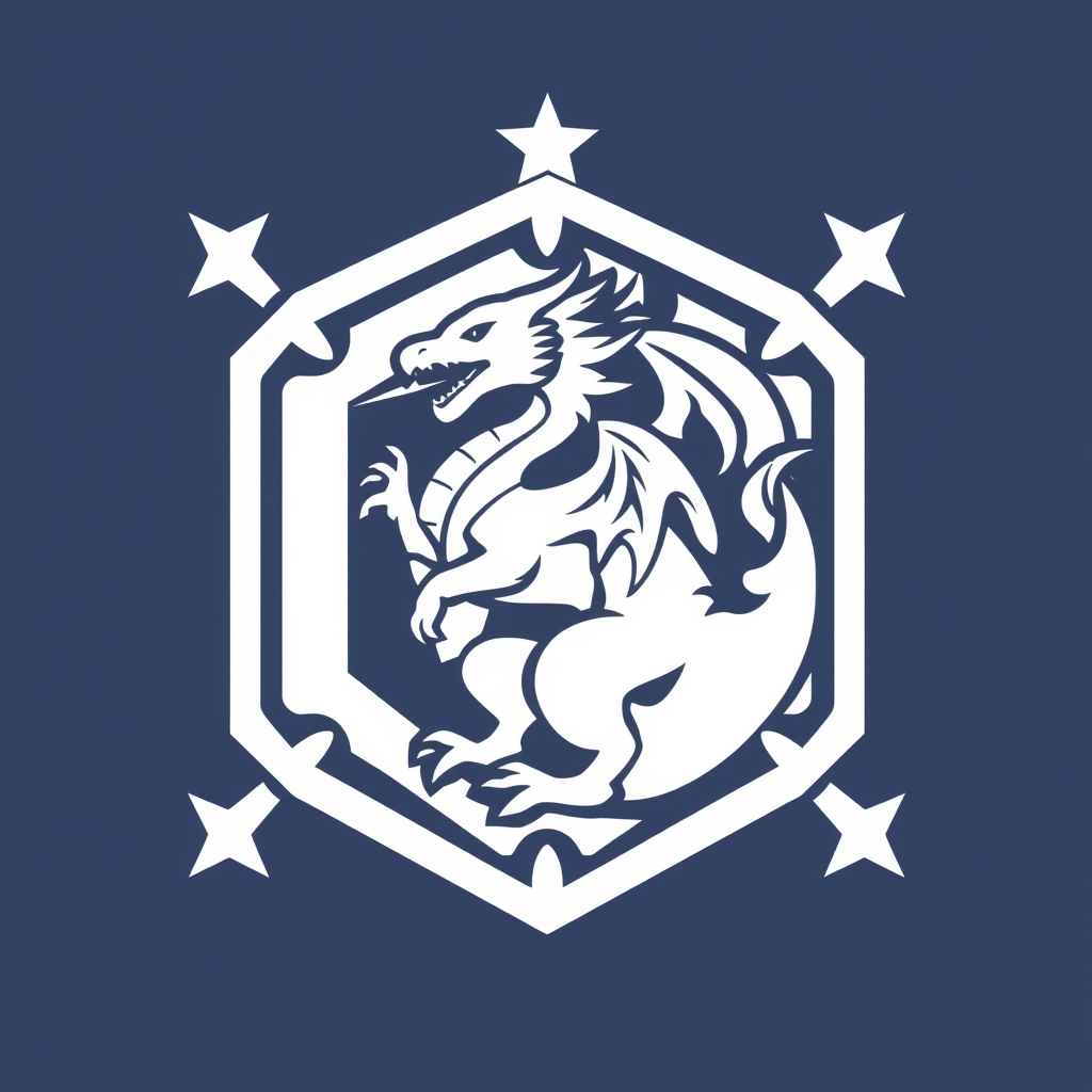 Main logo studio: Logo de football blanc/doré avec dragon dedans, écusson exagonale, en dehors de l'écusson 4 étoiles de 5 brèche chacune