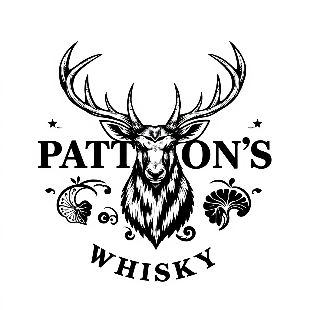 Vintage Logo idea: vintage retro logo for Pattison's whisky, paisley pattern black and white, classic traditional and authentic malt whisky, very Scottish design like pa