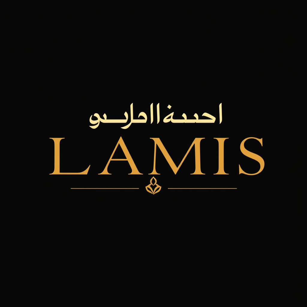 Main logo studio: Create a luxurious, elegant logo for a premium Sudanese traditional thobe brand named "LAMIS | لميس". Use refined Arabic calligraphy combined with ele