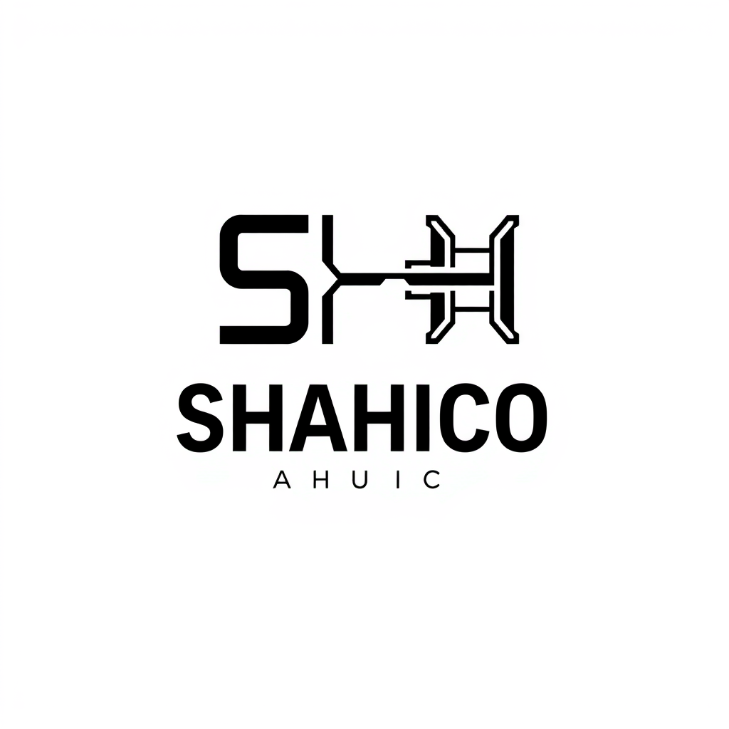 Main logo studio: Create a luxury minimalist wordmark for "SHAHICO". Turn the first letters "SH" into a sophisticated abstract monogram inspired by industrial electrica