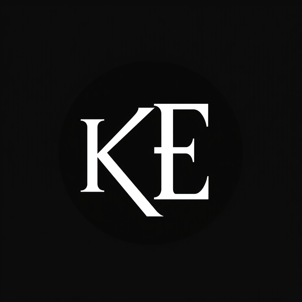Main logo studio: create a simple round black logo with the initials KE in white