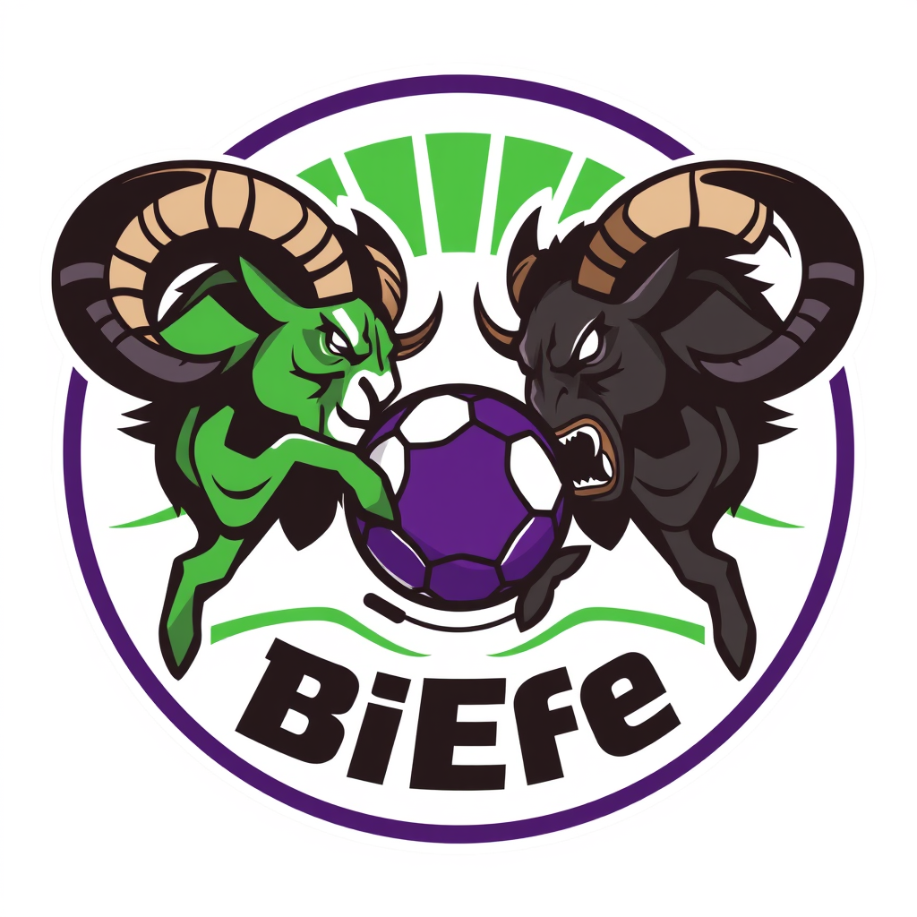 Main logo studio: Create a bold professional fantasy football ovale verticale logo for a team called “BiEffe”. Use green and purple as the main colors. Show an aggressi