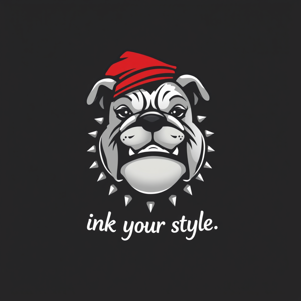 Main logo studio: a tatto brand with a bulldog with a red hat for a mascot centered around dark,grey and white colors.the slogan is "ink your style"