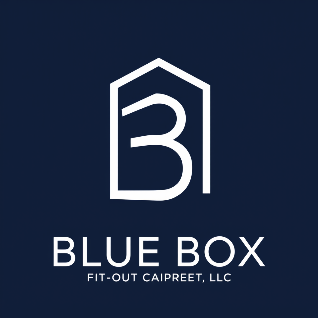 Main logo studio: Create a premium minimalist corporate logo for "BLUE BOX FIT-OUT & CARPENTRY LLC". The main logo symbol must be formed from the letters "BB", with the