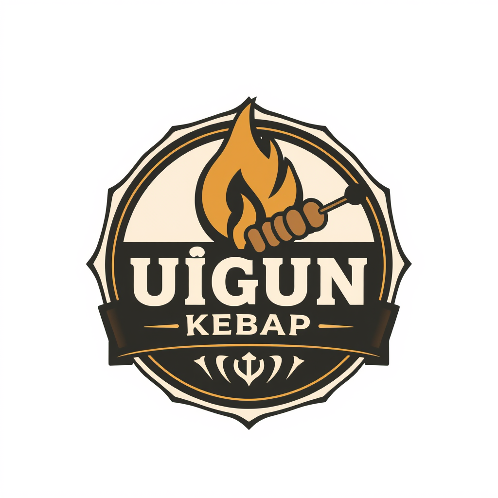 Main logo studio: Vintage Turkish kebab restaurant emblem logo for UÇGUN KEBAP. Traditional charcoal grill flame and kebab skewer symbol, old Turkish grill house aesthe