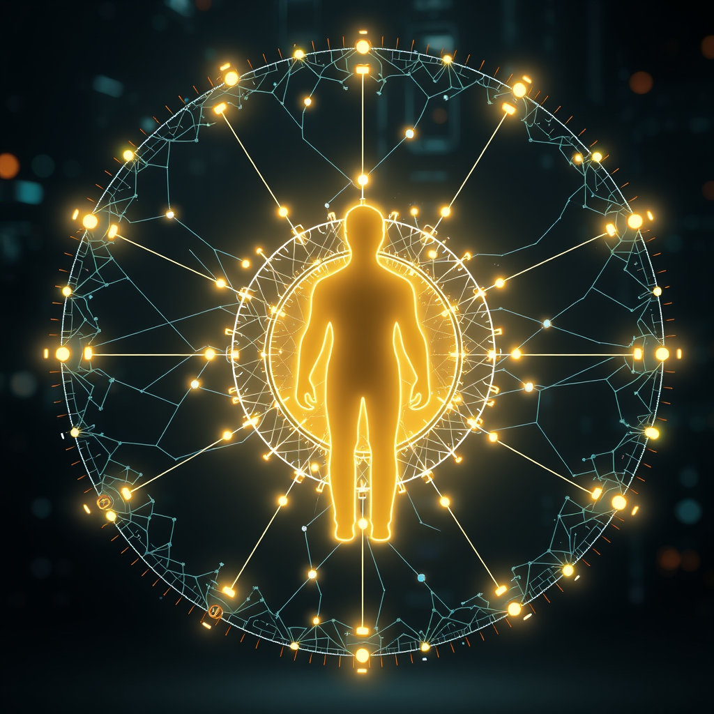 Main logo studio: Artificial intelligence concept with glowing neural network surrounding a human silhouette, futuristic technology background, realistic 3D render, pre