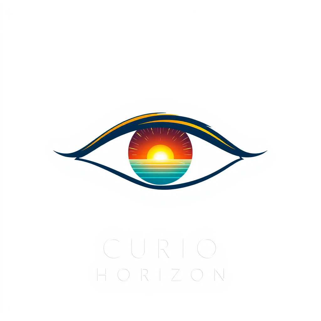 Main logo studio: Create a stunning logo for “CURIO HORIZON”. Pure white background. A single elegant eye as the central icon, with a beautiful glowing sunrise and hori