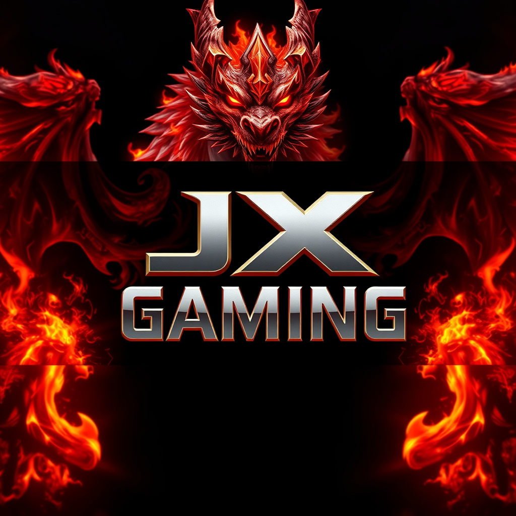 Main logo studio: Create an epic YouTube gaming channel banner for JX GAMING. A legendary fire dragon with glowing red eyes, surrounded by red, orange, and golden flame