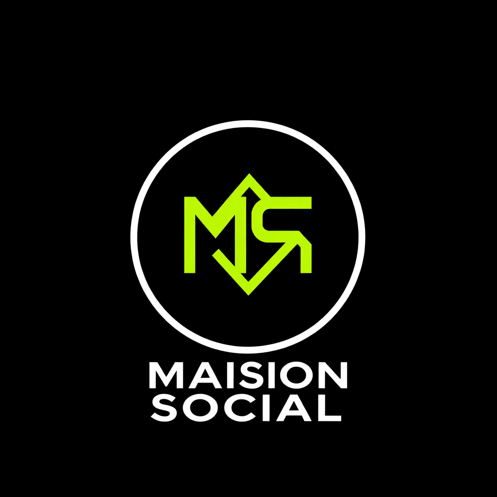 Main logo studio: Maison Social, modern private social events app, bold urban luxury aesthetic, black background, neon lime green and white, strong MS monogram, bold it