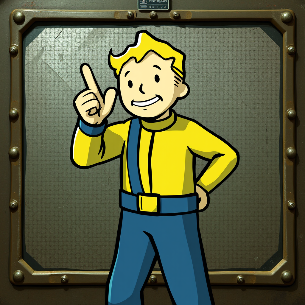 Main logo studio: Vault boy from fallout, doing his gesture