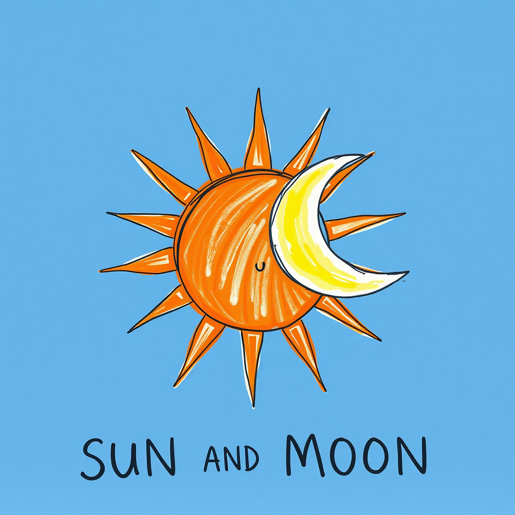 Main logo studio: make it like a kid has drawn a sun and a moon magazine colage style that looks not ai and has the words 'SUN AND MOON' no clouds