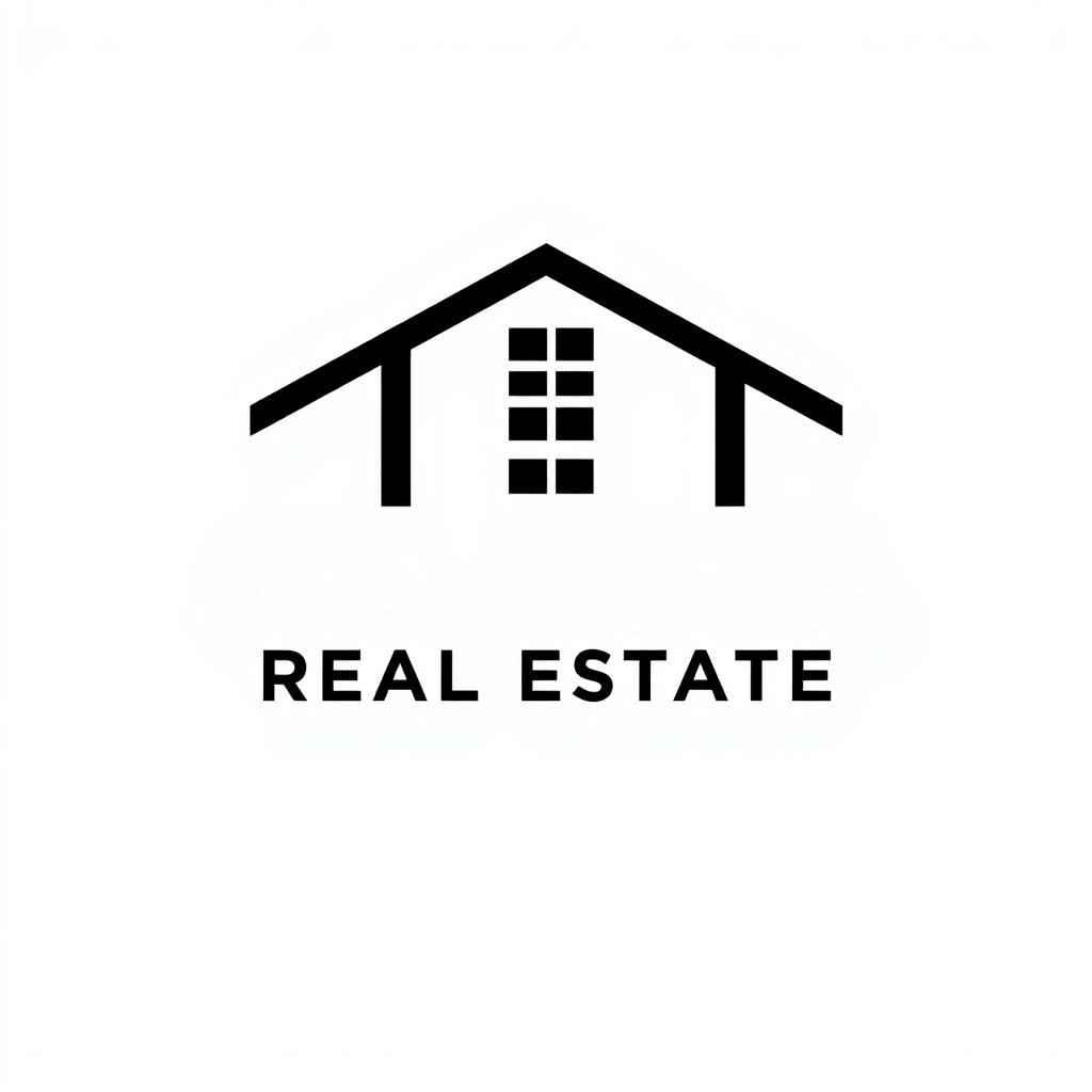 Wordmark Logo idea: wordmark logo of ATA HOME. REAL ESTATE , bold clean typography, flat vector logo, centered, solid white background, high contrast, professional brand