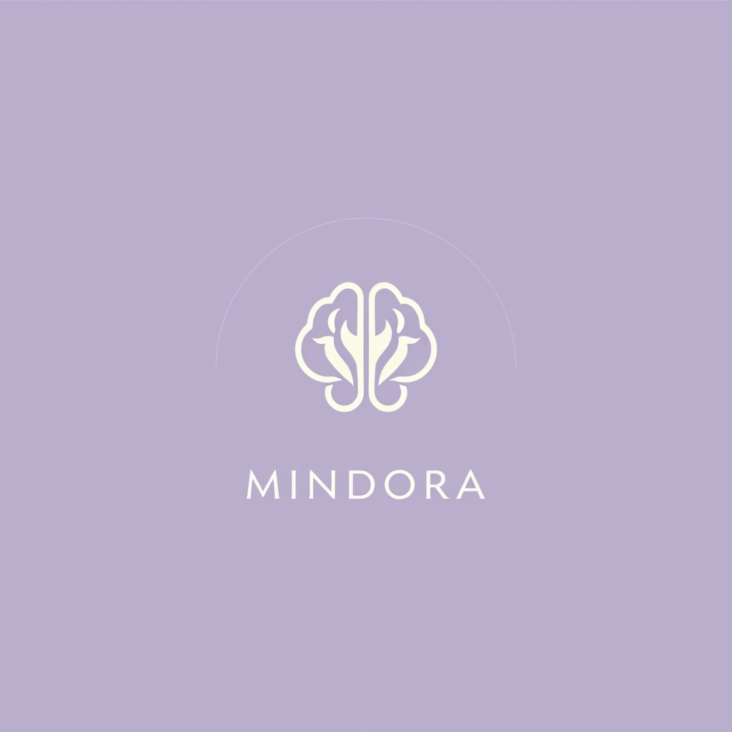 Main logo studio: Minimal luxury logo for MINDORA, a psychology and mental wellness brand. Soft lavender, ivory and subtle silver colors. Elegant abstract mind symbol,