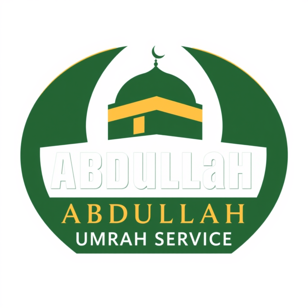 Main logo studio: Create a professional, elegant, minimal logo for “ABDULLAH UMRAH SERVICE”, an Umrah travel company. Use deep Islamic green and white as primary colors