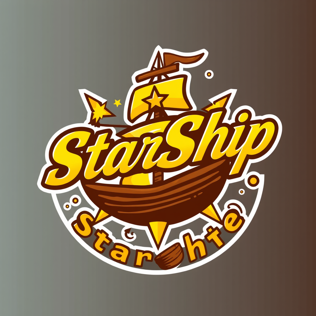 Main logo studio: Quiero un logo que sea tipo decoracion del nombre StarShip de color amarillo de todos los tonos y marron de todos los tonos, y por si acaso, que el lo