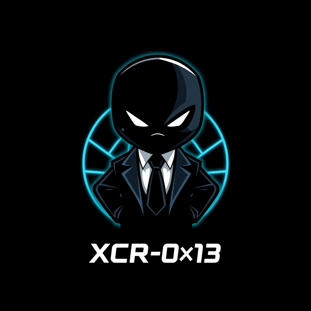 Main logo studio: Original mascot logo for “XCR-0x13”, a mysterious cybersecurity identity. A small intimidating humanoid creature with a smooth faceless black head, tw