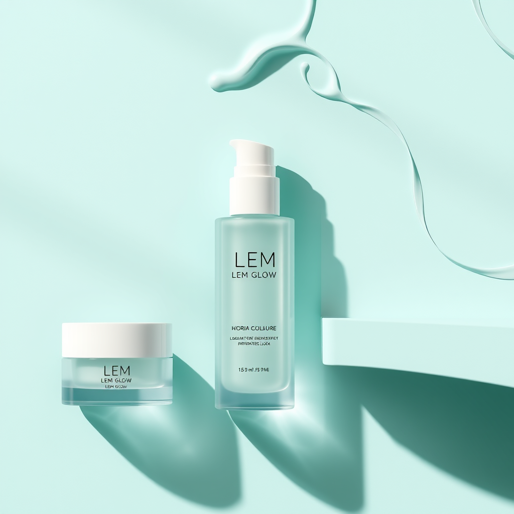 Main logo studio: LEM GLOW es una marca prémium de belleza y cuidado personal que ofrece productos de belleza, cuidado corporal y cosmética. Su identidad visual debe tr