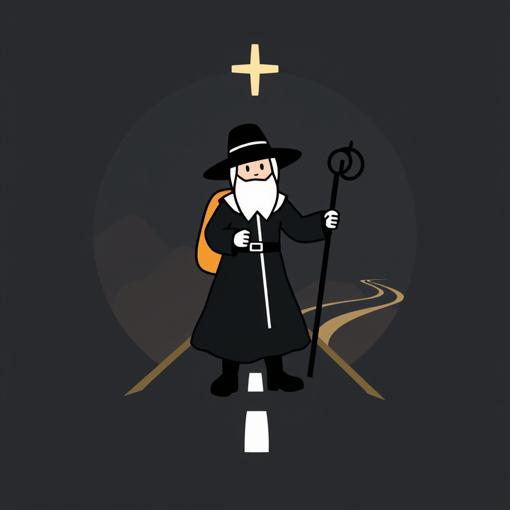 Main logo studio: Pilgrim Road - brand name. Illustrate a minimalistic pilgrim and a road for a faith baised app