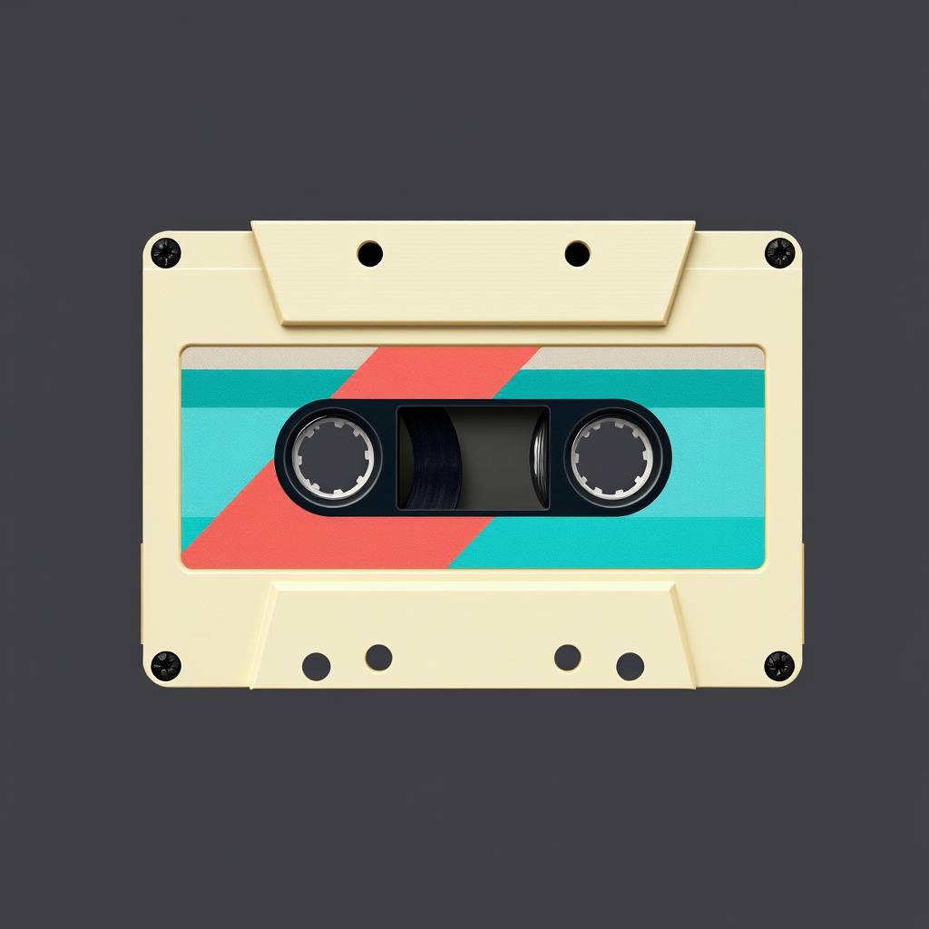 Main logo studio: Professional, iconic logo for an 80s dance music band called “DELIRIUM 80”.The central visual inspiration is a vintage 1980s compact audio cassette wi