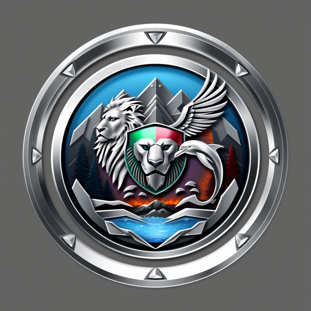 Main logo studio: Luxury futuristic emblem. Write ONLY: "Amir Mohamad Bromand". Realistic circular shield symbolizing home, planet and security. Include a majestic lion