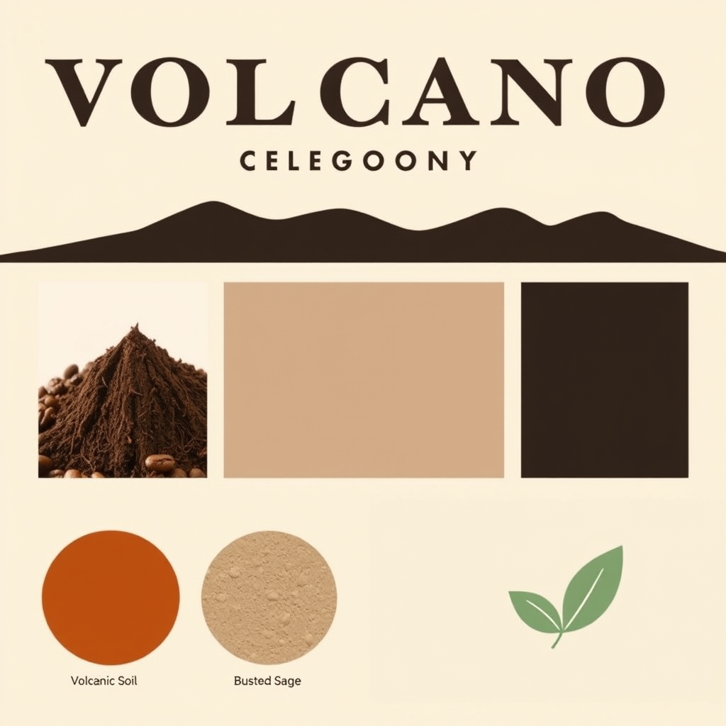 Main logo studio: Volcano Coffee Company. Coffee sourced from volcanic regions or the ring of fire. The Editorial Luxury (Serif + Geometric Sans), * Volcanic Soil (#4E3