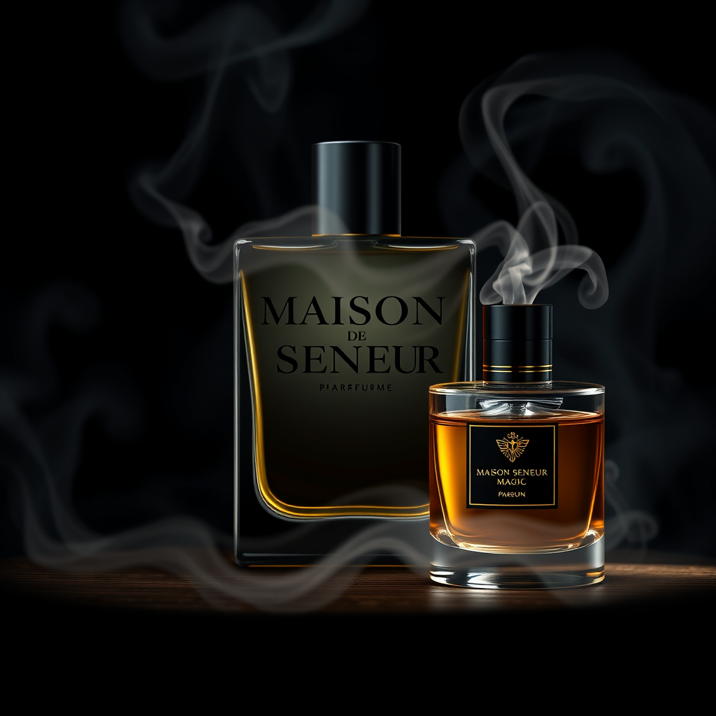 Main logo studio: The name is Maison de Seneur. its for parfume, men parfume. luxury and magic the slogan is smell the magic. add a parfume to the logo. maison with one