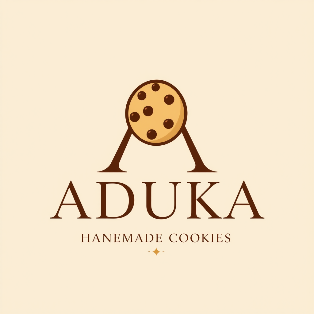 Main logo studio: Create a luxurious, elegant and minimalist logo for my handmade cookie brand named ADUKA. Use a warm ivory cream background, rich chocolate brown typo