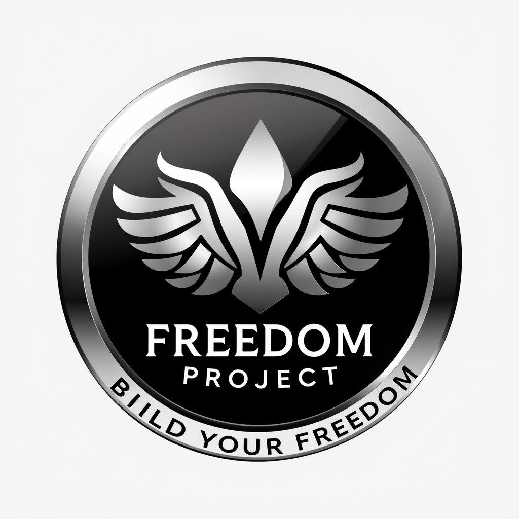 Main logo studio: Brand name: Freedom Project Slogan: Build Your Freedom Style: Luxury emblem Colors: Black and metallic silver Concept: A premium emblem representing f