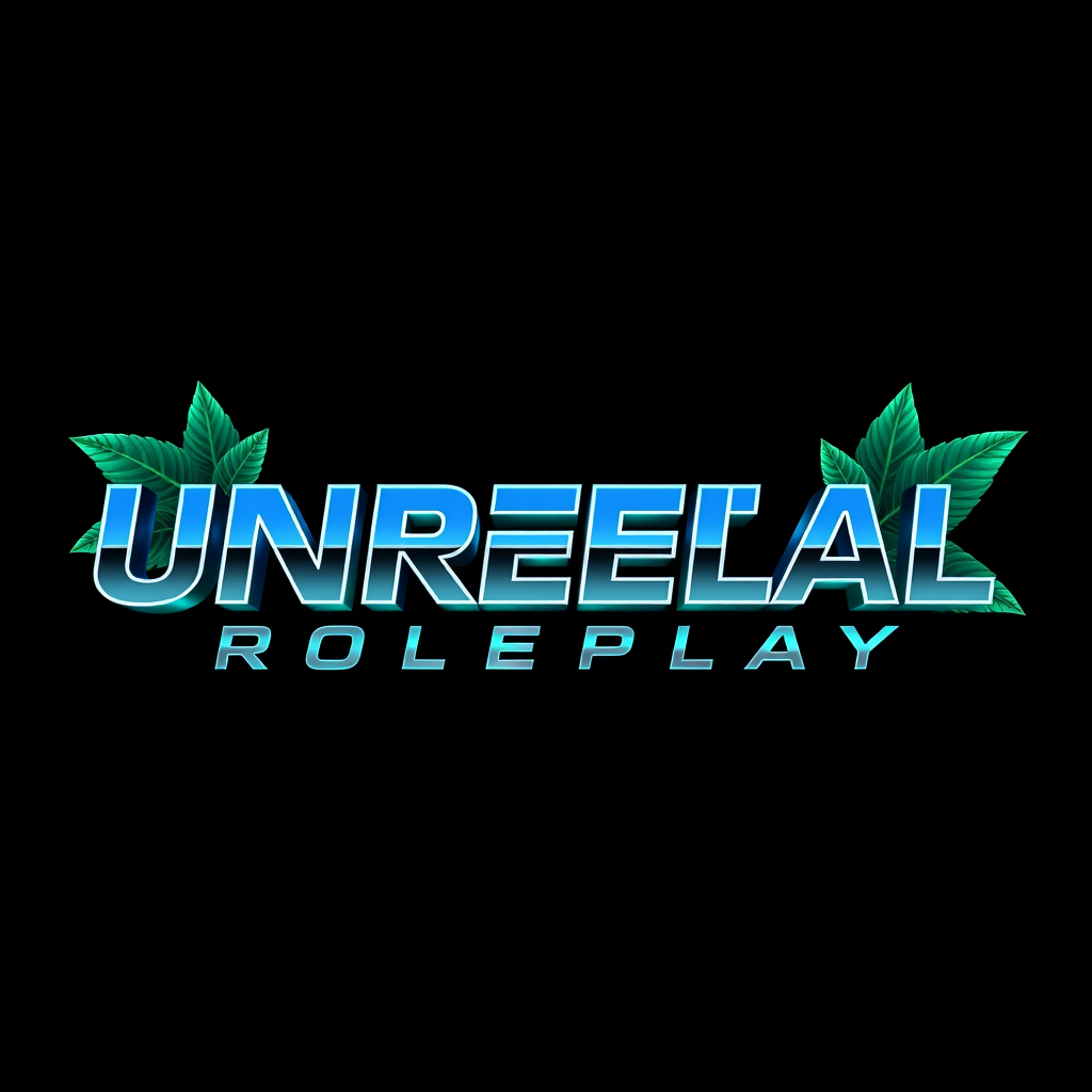 Main logo studio: Create a premium FiveM GTA RP logo with ONLY the exact text “UNREAL ROLEPLAY”. Bold futuristic 3D chrome lettering, metallic silver with glossy blue/c