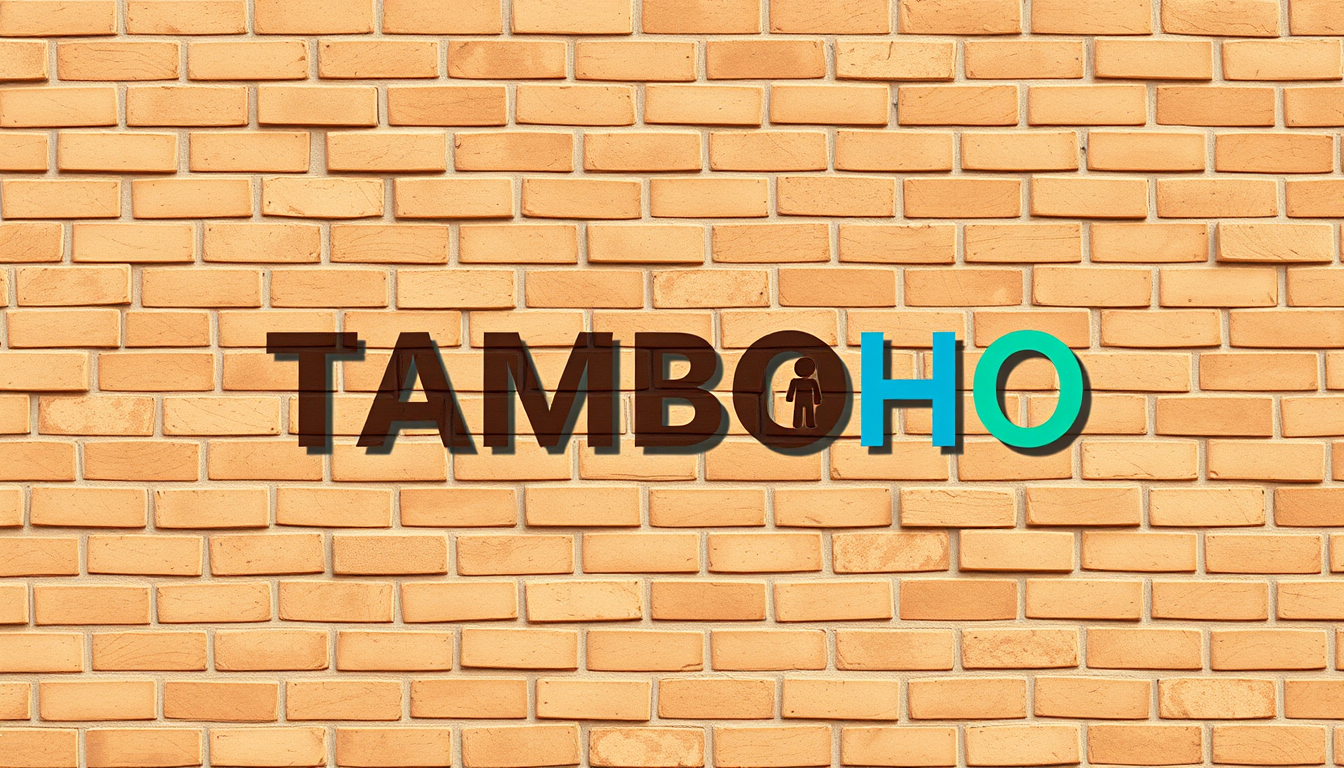 Main logo studio: Modern logo for a Malagasy online interview show, “TAMBOHO”. Show a traditional Malagasy **brick wall**, clearly a wall, not a house or roof. Use a li