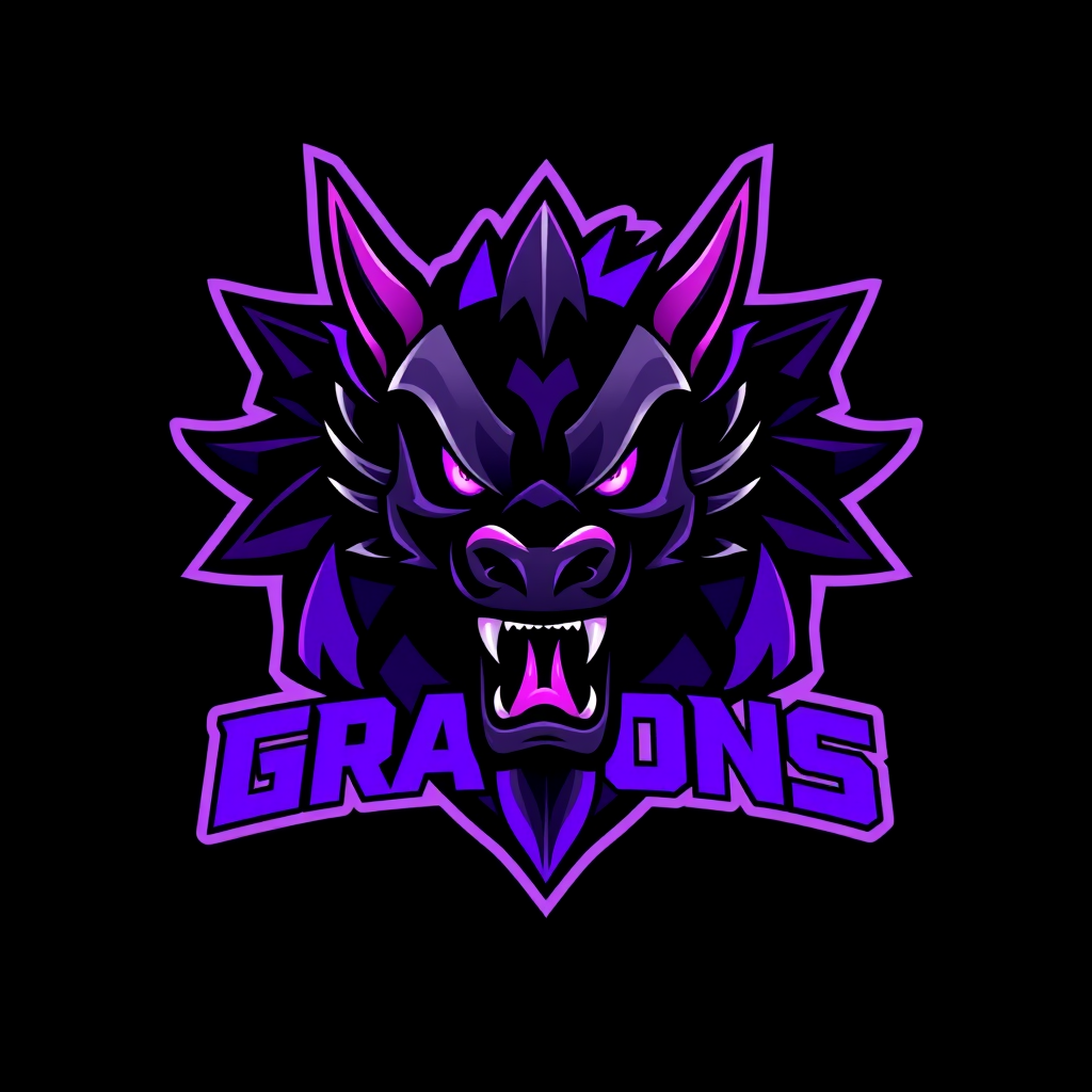Main logo studio: bold esports team emblem logo, a roaring dragon head, black and glowing neon purple
