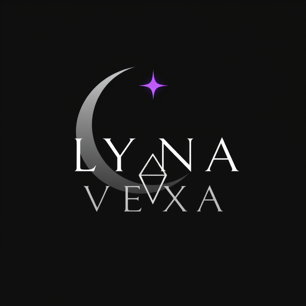Main logo studio: LYNA VEXA — black cosmic logo, elegant silver crescent moon, tiny glowing violet star, subtle mystical symbol hidden in the V and X, sleek futuristic 