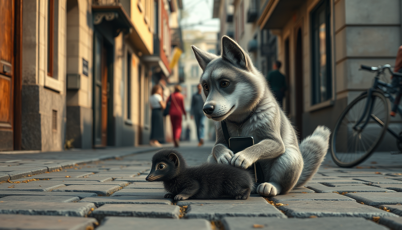 Main logo studio: Высокодетализированная кинематографичная CGI-сцена в мультяшно-реалистичном стиле. В узком старом городском переулке идёт крупный рыжий антропоморфный