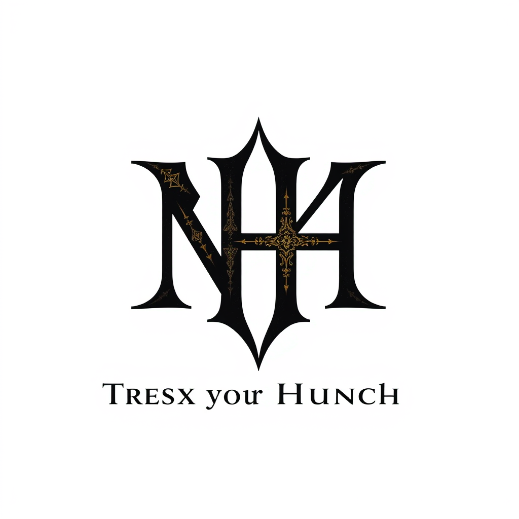 Lettermark Logo idea: lettermark logo of the letters Nox and Hunch, trust your hunch, NH, a couple challeng, puzzle and psychological gaming startup, gothic texture, elegan